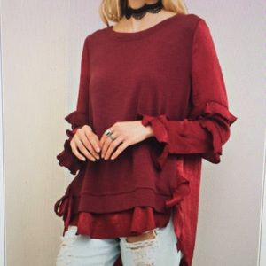 Ladies Burgundy Top with Ruffle Sleeves